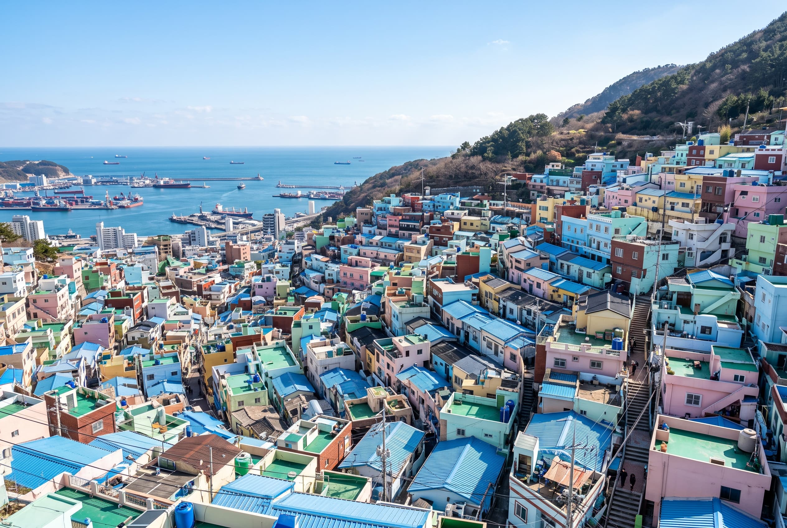Pastel houses of Gamcheon Culture Village stacked on a hillside above the Busan harbor
