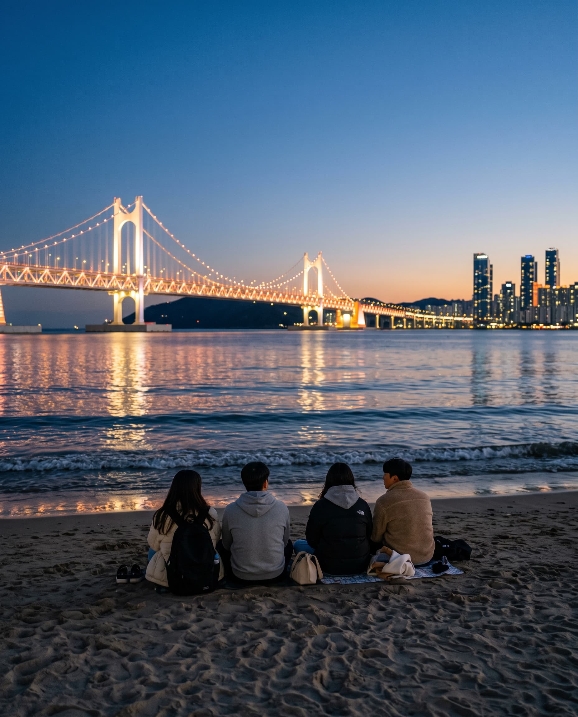 Friends relaxing on Gwangalli Beach in Busan as Gwangan Bridge lights up at dusk
