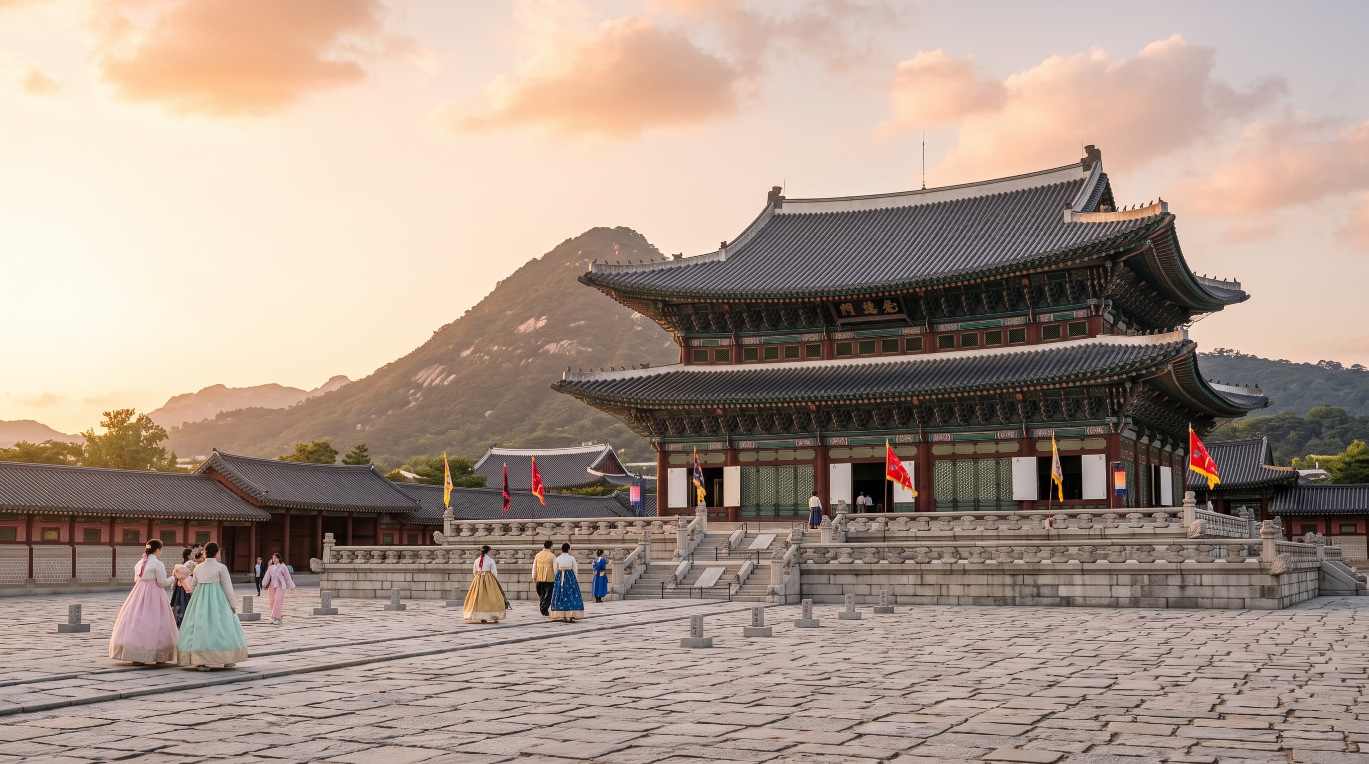 Visitors in colorful hanbok walking through the courtyard of Gyeongbokgung Palace in Seoul at sunset
